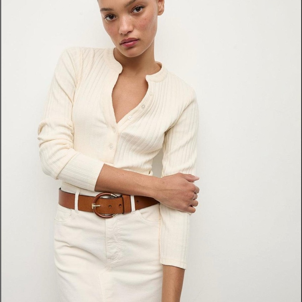 Veronica Beard Joselyn Henley XS Cream Ribbed Long Sleeve Top